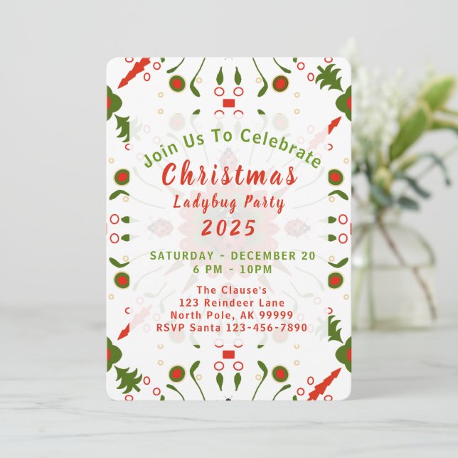 Convite Christmas Ladybug Party Red White Green (Em pé/Frente)