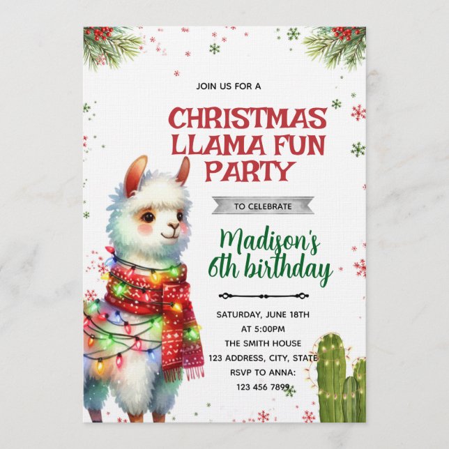 Convite Christmas Llama Birthday Invitation (Frente)