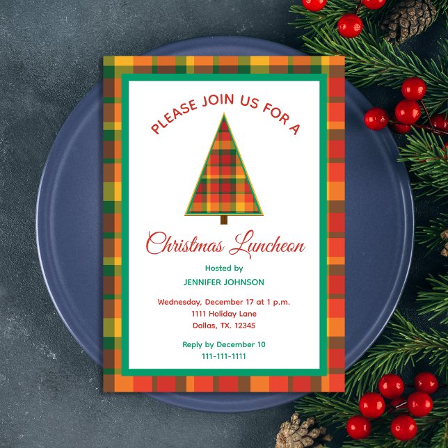 Convite Christmas Luncheon Colorful Plaid Christmas Tree (Criador carregado)