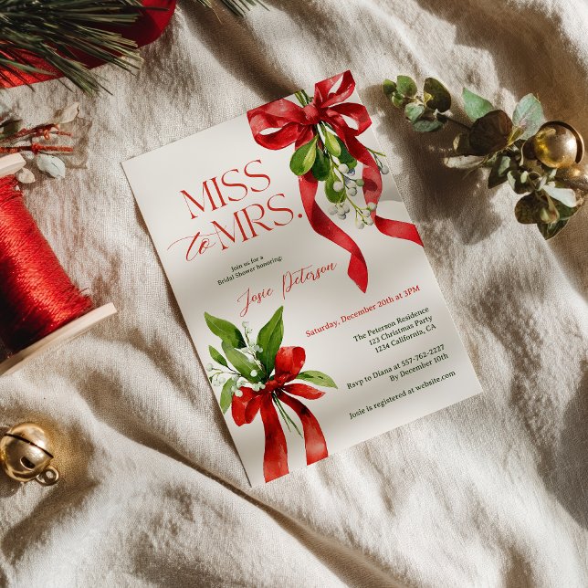 Convite Christmas Mistletoe Red Bow Miss to Mrs Bridal (Christmas Mistletoe Red Bow Miss to Mrs Bridal Invitation)