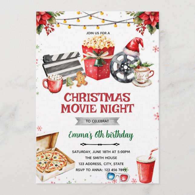 Convite Christmas Movie Night party invitation (Frente)