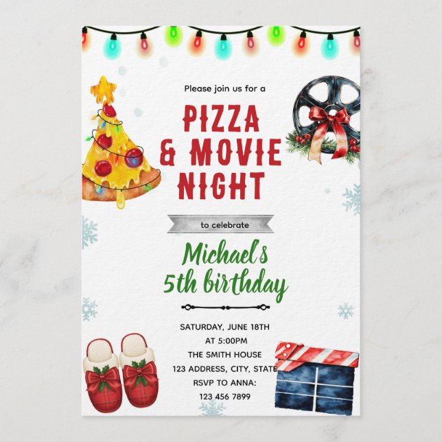 Convite Christmas Movie Pizza and Pajama Party Invitation (Frente)