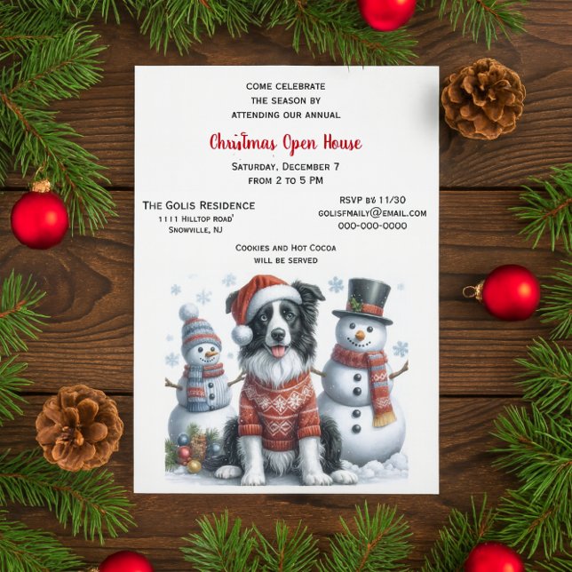 Convite Christmas Open House with Border Collie & Snowman  (	Border Collie Christmas open house invitation with snowman friends)