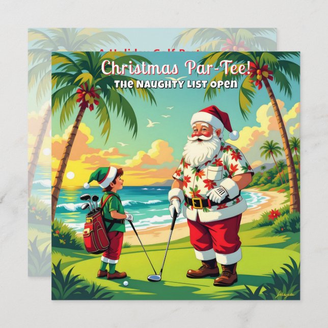 Convite Christmas Par-Tee Fun Tropical Golf Santa Party SQ (Frente/Verso)