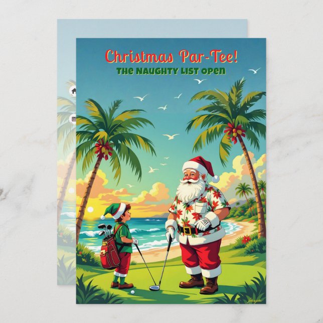 Convite Christmas Par-Tee Funny Tropical Golf Santa Party (Frente/Verso)