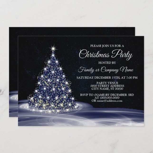Convite Christmas Party Blue Shiny Tree Winter Navy (Frente/Verso)