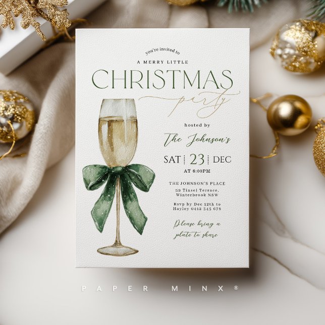 Convite Christmas Party Champange Glass Green Gold  (Christmas party invitation with champagne glass with festive green bow. )