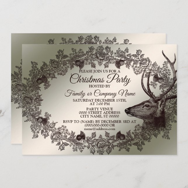 Convite Christmas Party Floral Reindeer Golden Winter (Frente/Verso)