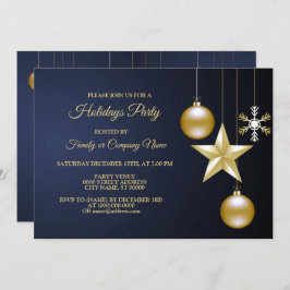Convite Christmas Party Golden Ornaments Navy Blue Elegant