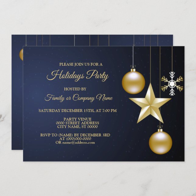 Convite Christmas Party Golden Ornaments Navy Blue Elegant (Frente/Verso)