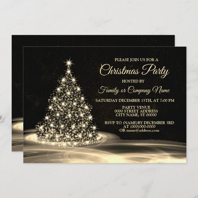 Convite Christmas Party Golden Shiny Tree Winter Black (Frente/Verso)