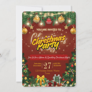 Convite Christmas Party Invitation | Red & Gold Holiday
