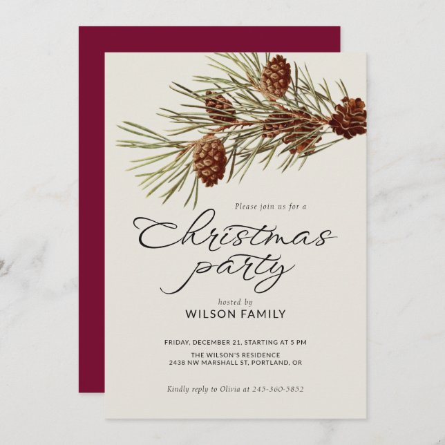 Convite Christmas Party Pine Branch Modern Script Holiday (Frente/Verso)