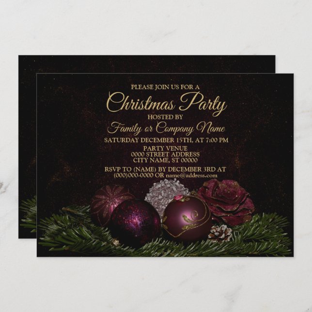 Convite Christmas Party Pink Ornaments Green Leaves Black (Frente/Verso)