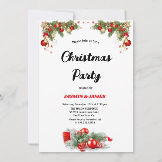 Convite Christmas party red green baubles invitatio