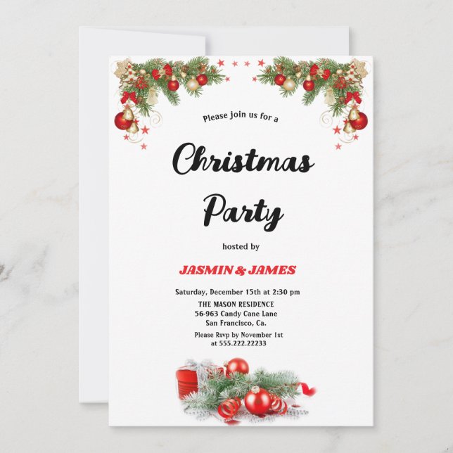 Convite Christmas party red green baubles invitatio (Frente)