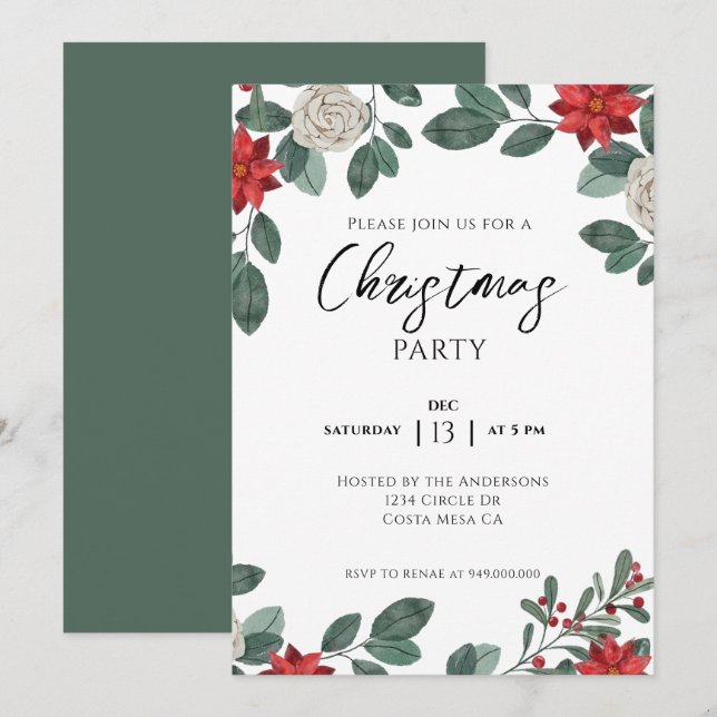 Convite Christmas Party Red Green Floral (Frente/Verso)