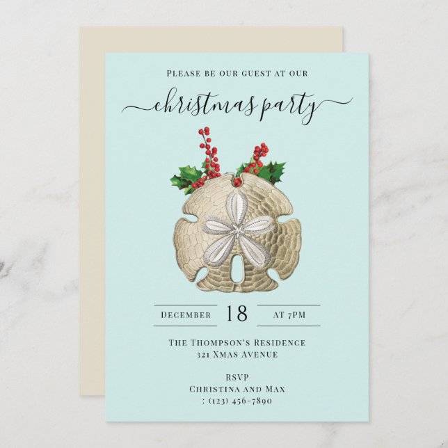 Convite Christmas Party Sand Dollar Holly Berries Coastal  (Frente/Verso)