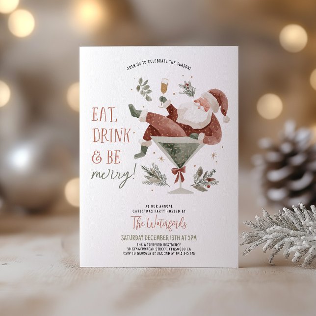 Convite Christmas Party Santa Martini  (Eat Drink & Be Merry! A fun Christmas Party invite with Santa in a Martini Glass )