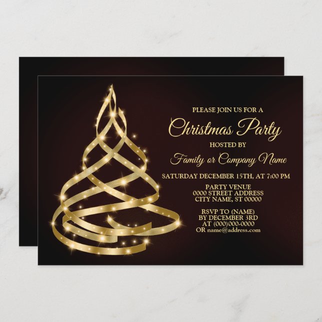 Convite Christmas Party Shiny Golden Ribbon Tree Sparkle (Frente/Verso)