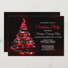 Convite Christmas Party Shiny Red Ribbon Tree Sparkle