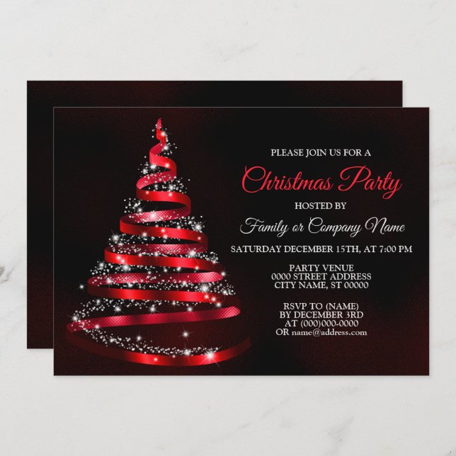 Convite Christmas Party Shiny Red Ribbon Tree Sparkle (Frente/Verso)