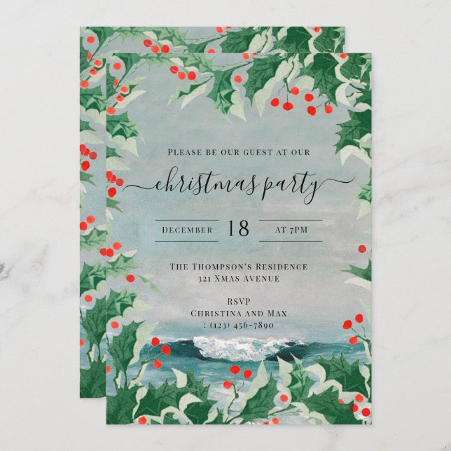 Convite Christmas Party Watercolor Beach Coastal Holly (Frente/Verso)