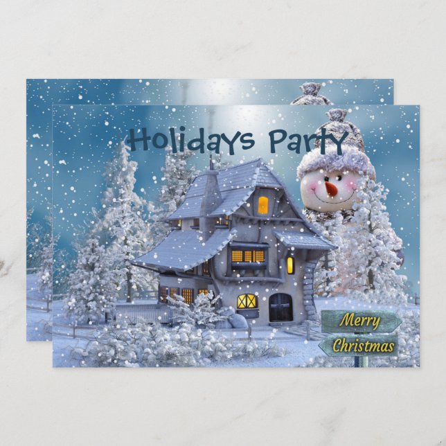 Convite Christmas Party Winter White Snowman Blue Rustic (Frente/Verso)