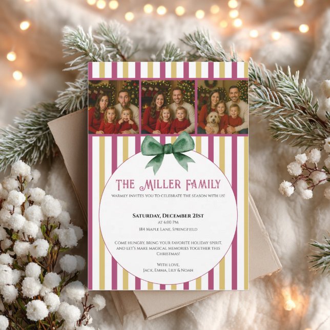 Convite Christmas Photo Invitation • Pink Gold Striped  (Modern Christmas photo invitation with red pink gold stripes and green bow)