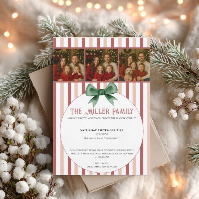 Convite Christmas Photo Invitation • Red Striped Holiday (Christmas photo invitation with red stripes and green bow)
