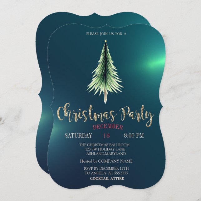 Convite Christmas Pine Tree,Chic Green Christmas Company (Frente/Verso)