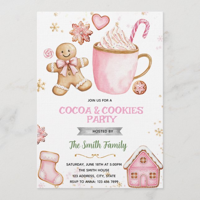 Convite Christmas pink Cookies and Cocoa invitation (Frente)
