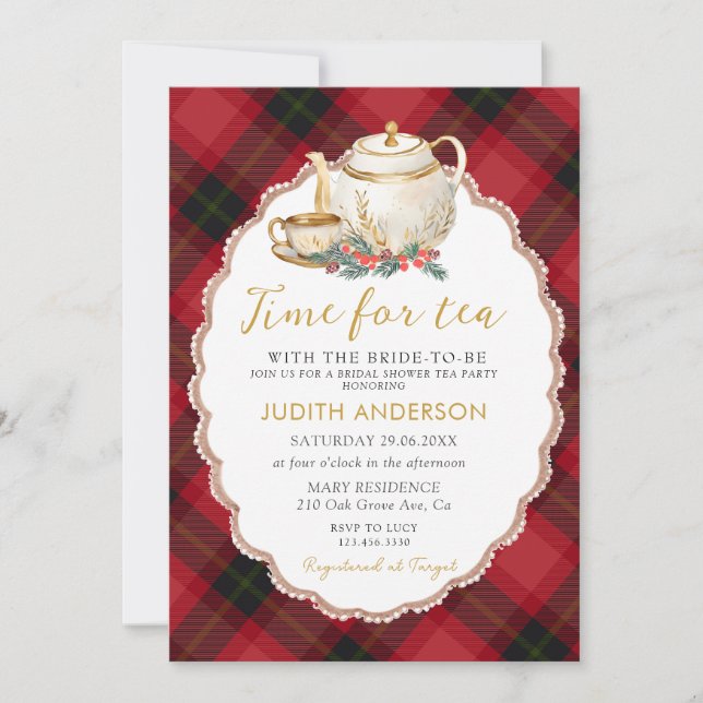 Convite Christmas Plaid Tea Party Bridal Shower Invitation (Frente)