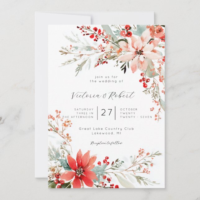 Convite Christmas Poinsettia floral Wedding Invitation (Frente)