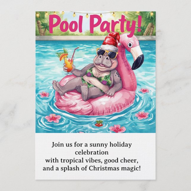 Convite Christmas Pool Party  Cute Hippo on Flamingo Float (Frente)