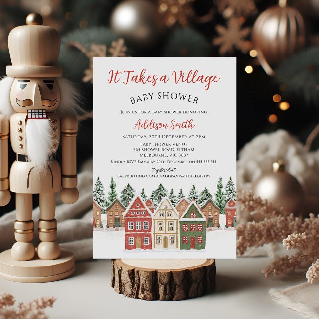Convite Christmas Red Green Takes A Village Baby Shower  (A Village BABY SHOWER  Invitation, Christmas Merry Little Baby Shower Invitation, Christmas Theme )