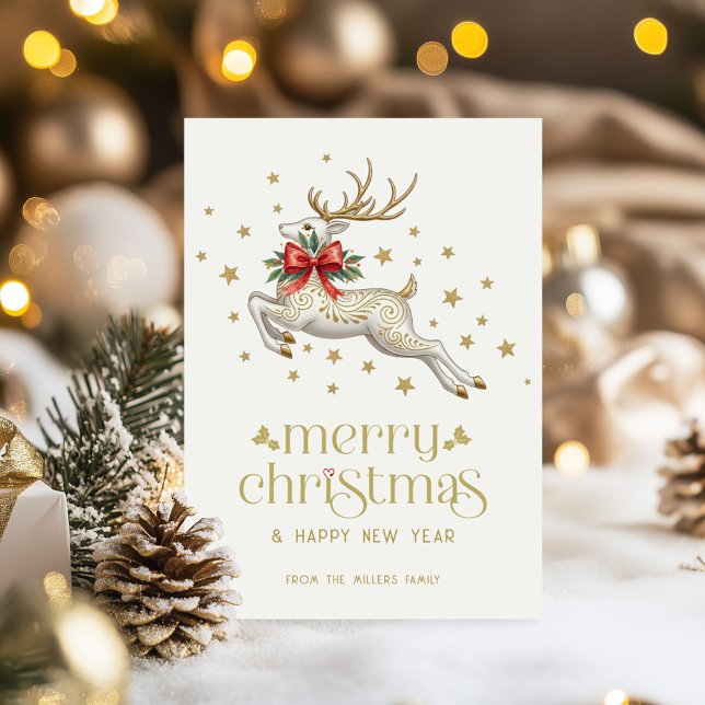 Convite Christmas Reindeer Gold TypographyGreeting Card (Criador carregado)