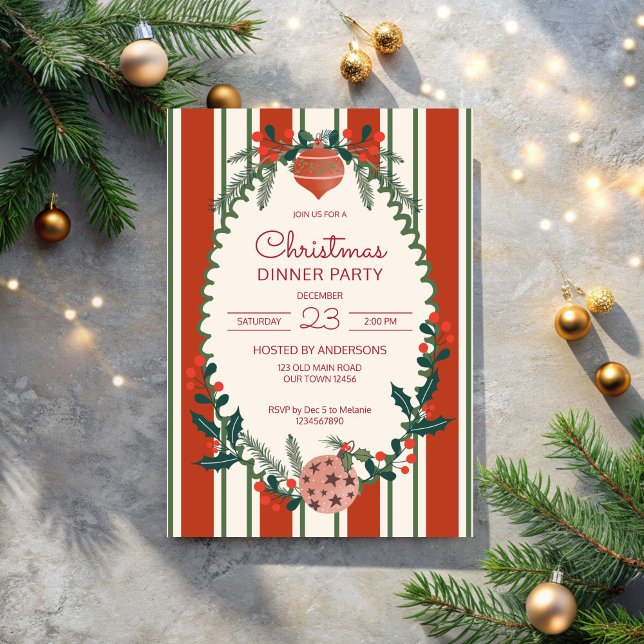 Convite Christmas retro stripes grandmilenial dinner party (Christmas red retro stripes grand millennial dinner party invitation cards template)