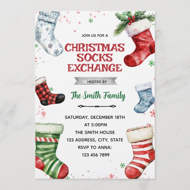 Convite Christmas socks exchange party invitation (Frente)