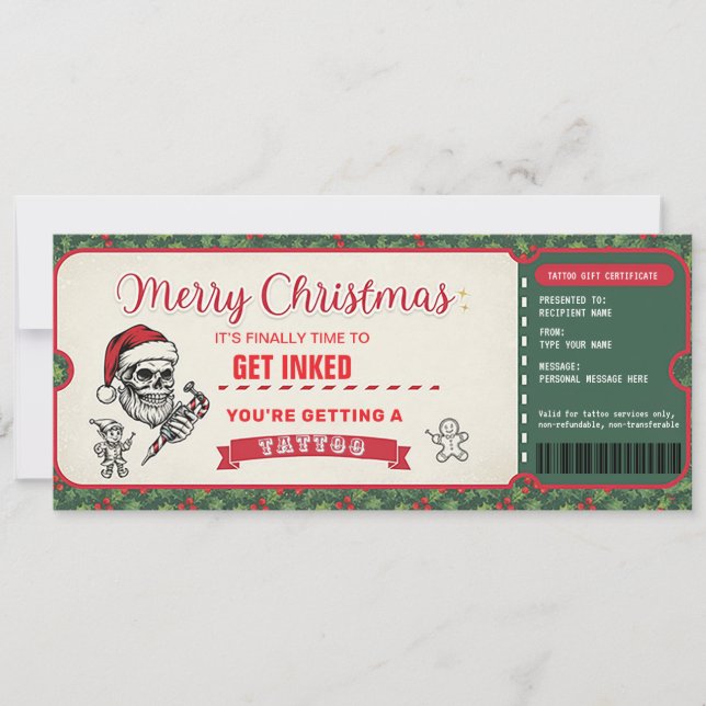 Convite Christmas Tattoo Gift Certificate Card Voucher (Frente)
