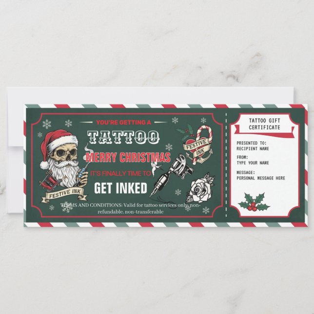 Convite Christmas Tattoo Gift Certificate Card Voucher (Frente)