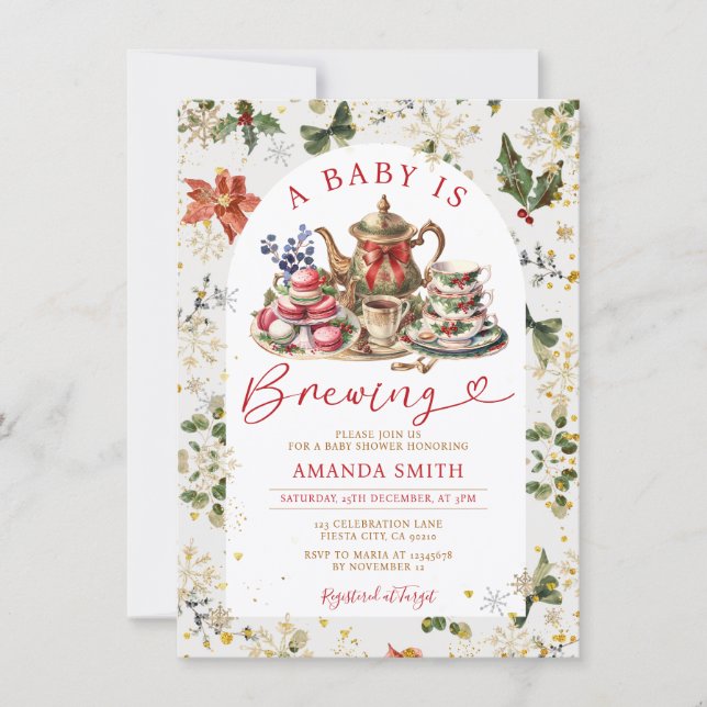 Convite Christmas Tea a baby is brewing Baby Shower Floral (Frente)