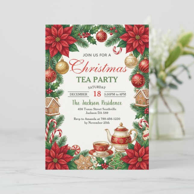 Convite Christmas Tea Holiday Party Invitation (Em pé/Frente)