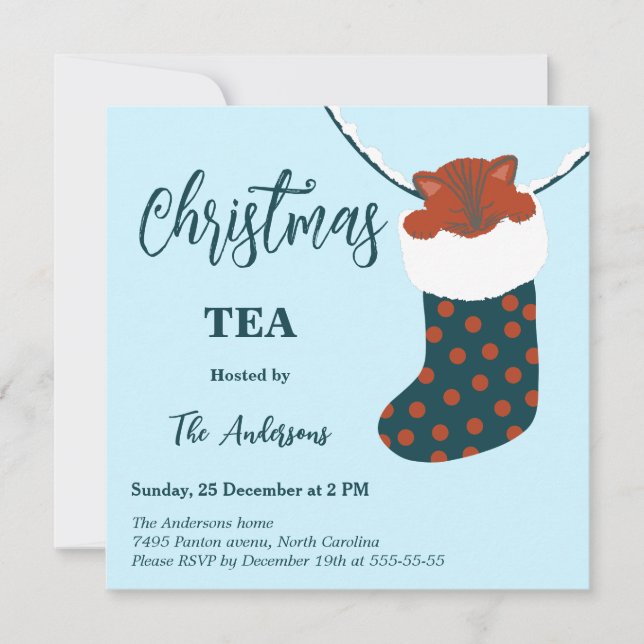 Convite  Christmas Tea Holly’s Boots Cat Party Invitation (Frente)