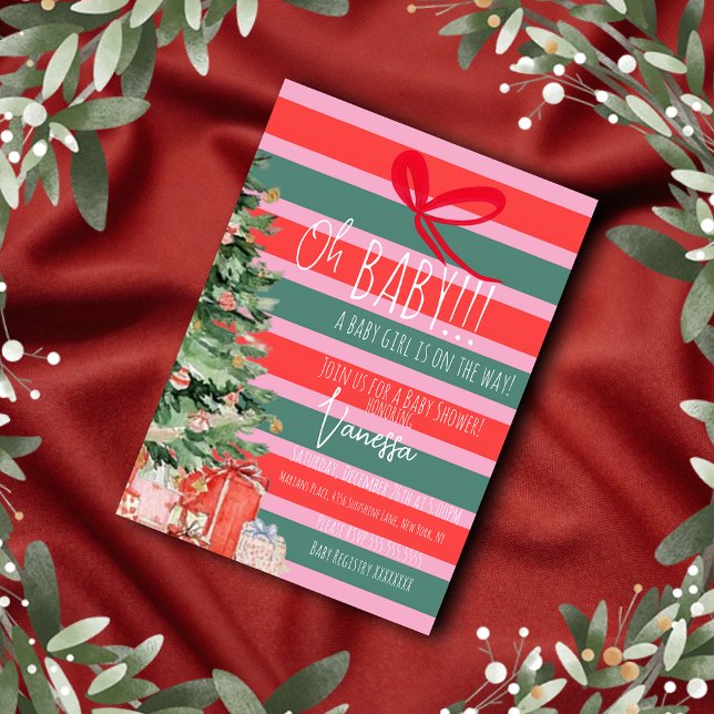 Convite Christmas Tree Stripes Girls Baby Shower   (Criador carregado)