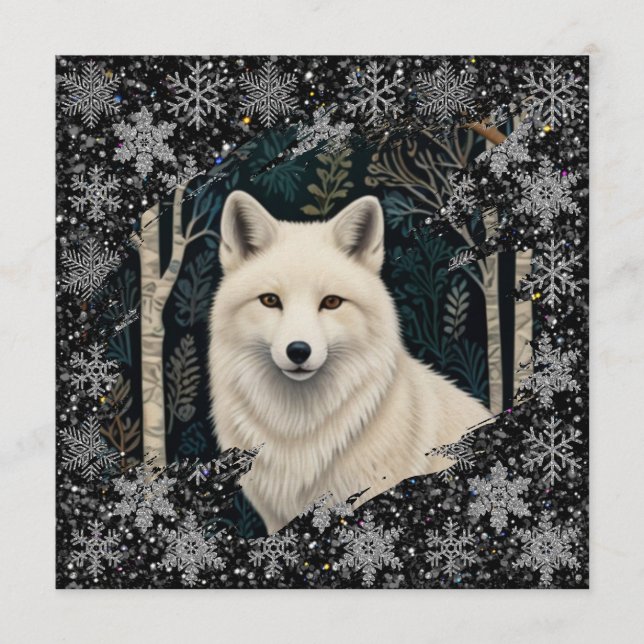 Convite Christmas white fox white wolf sparkling snowflake (Frente)