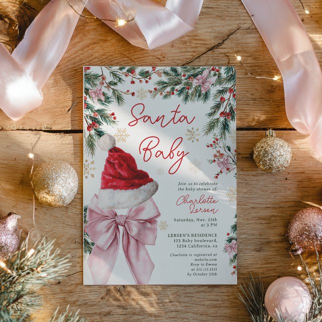 Convite  Christmas Winter Coquette Bow Santa Baby Shower (Christmas Winter Coquette Bow Santa Baby Shower Invitation)