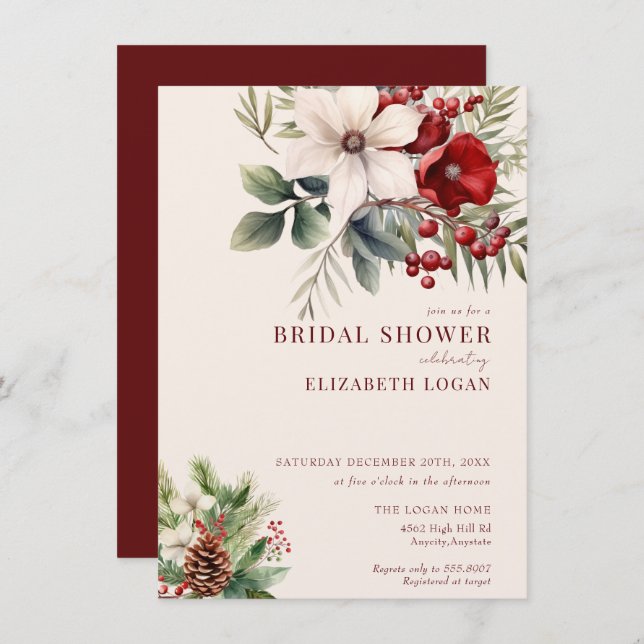 Convite Christmas Winter Floral | Red Bridal Shower (Frente/Verso)