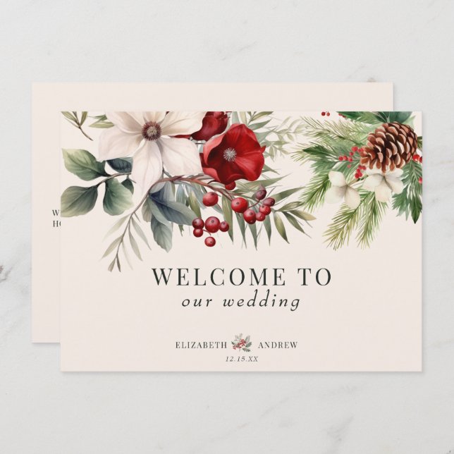 Convite Christmas Winter Floral  Wedding Welcome Cards (Frente/Verso)