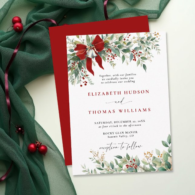 Convite Christmas Winter Greenery Bow Bells Rustic Wedding (christmas wedding invitation card template design winter greenery bells watercolor botanical rustic )